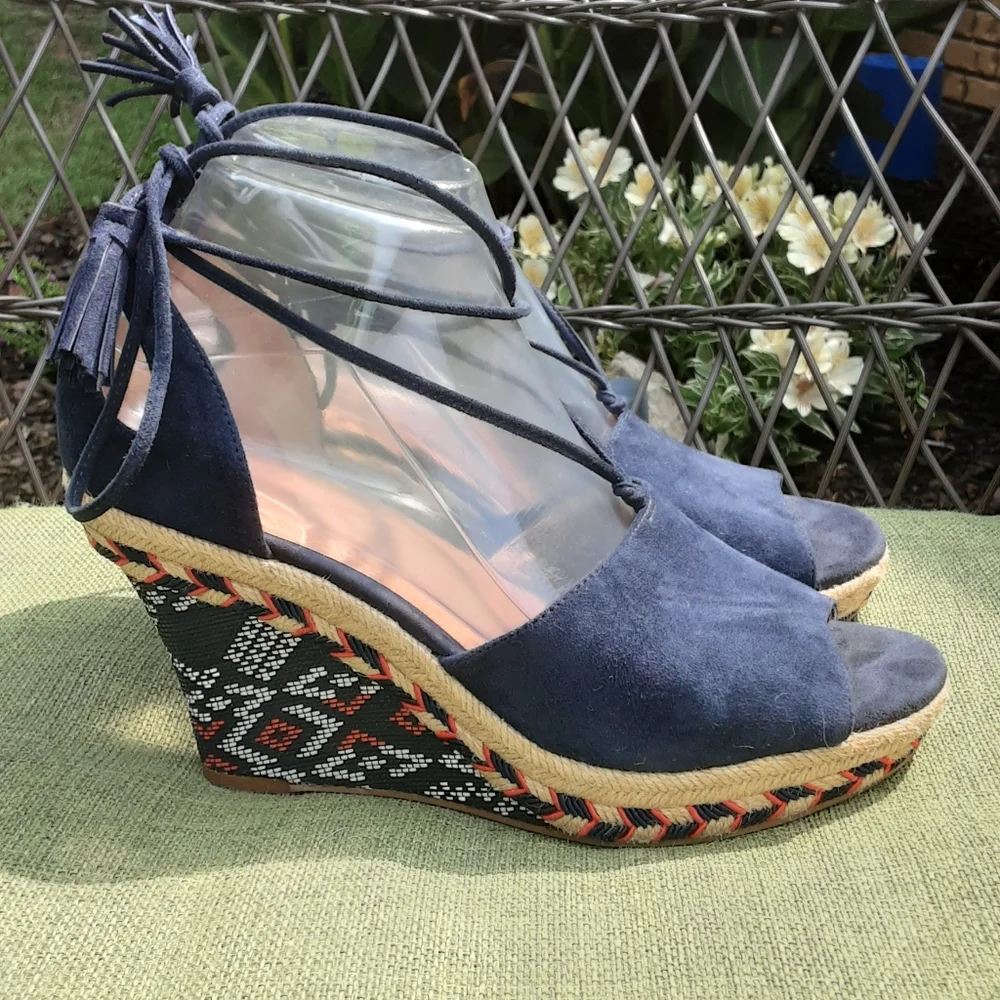 Cabi Isla Southwestern Aztec Pattern Suede Lace Up Wedge Sandal.